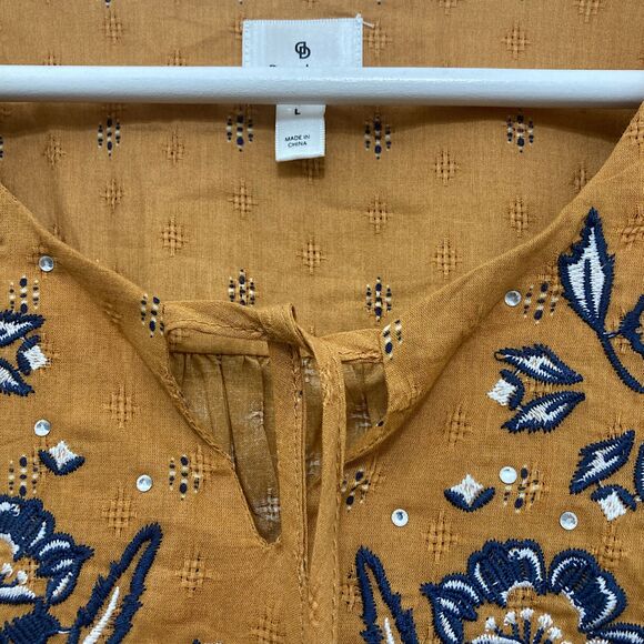 Dressbarn L Mustard Boho Embroidered Peasant Blouse Tassel - Picture 6 of 11
